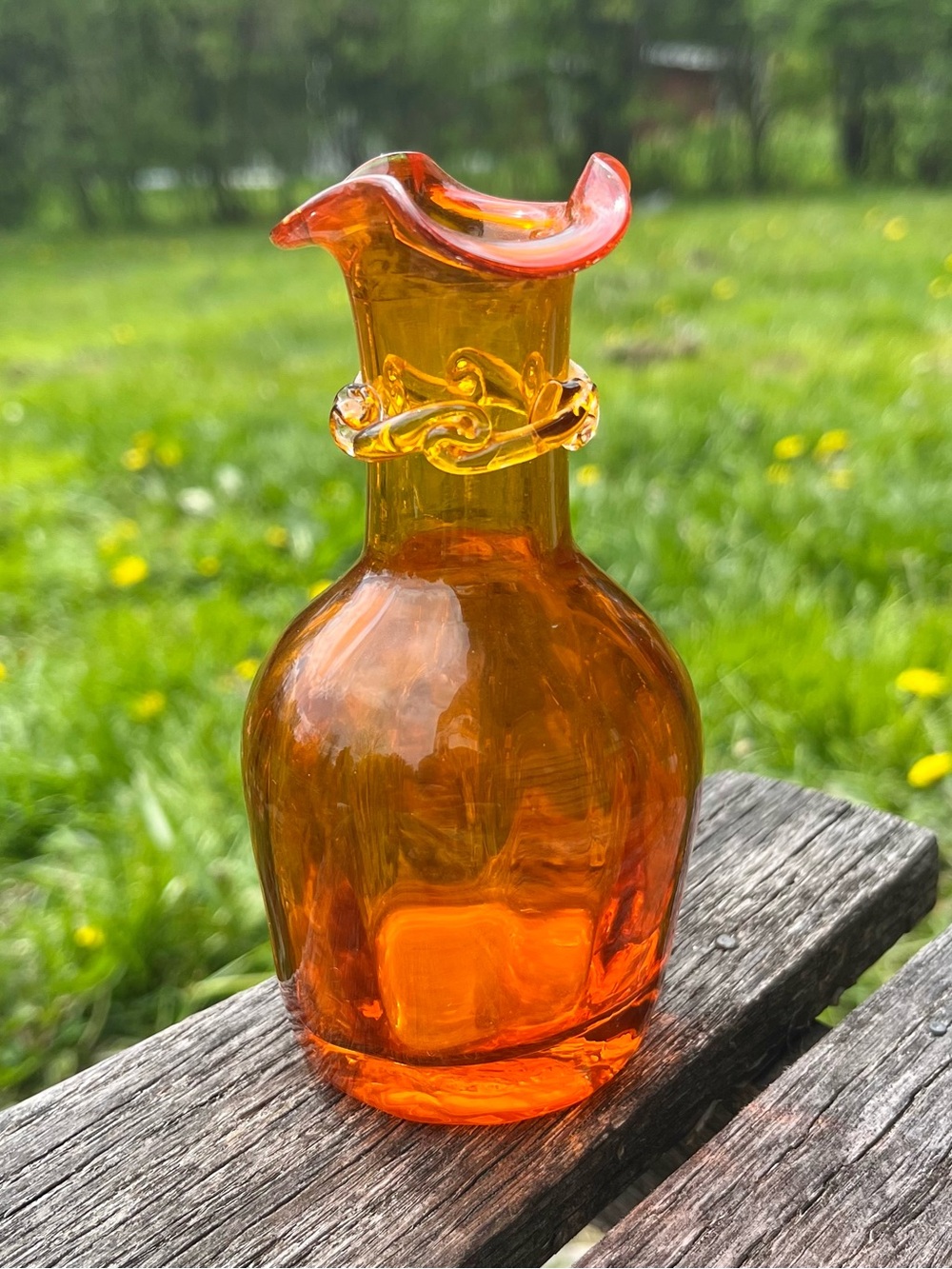 Vintage Pilgrim Glass Vase 5” Hand Blown Orange Amber Ruffled Rim Applied Collar